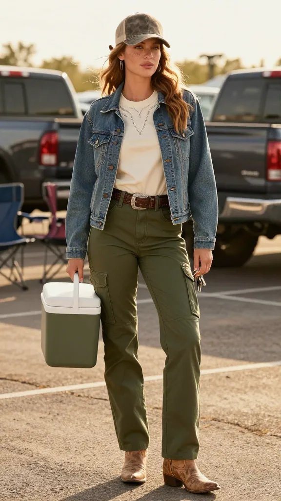 Army green cargo pants with cream chain-stitch tee and distressed tan roper boots