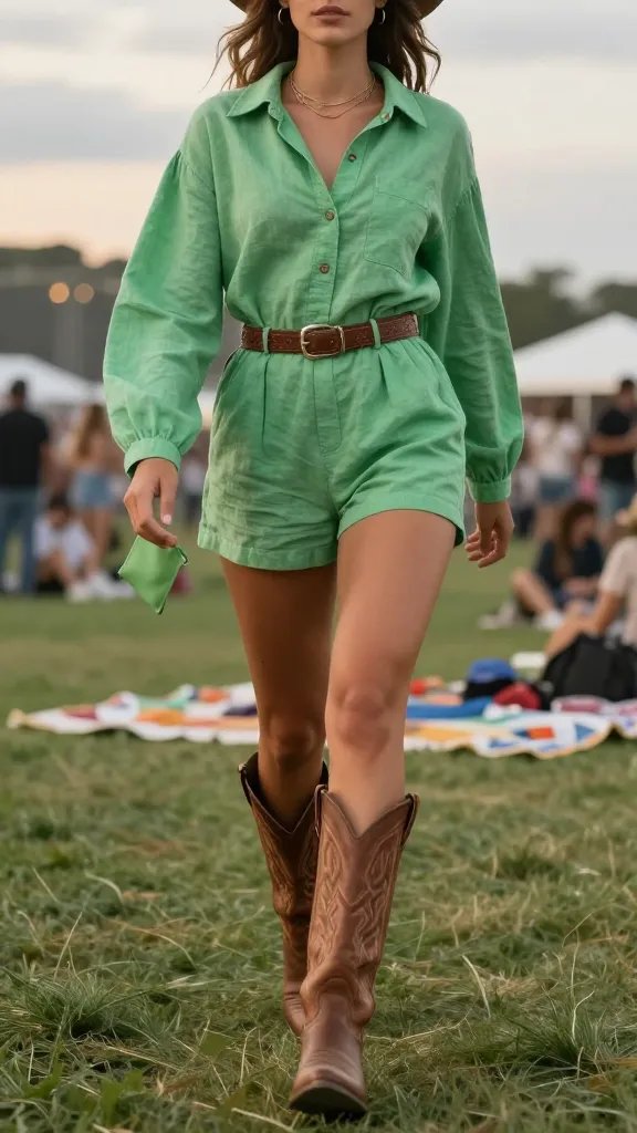 Seafoam green western romper with tall brown cowboy boots and layered necklaces