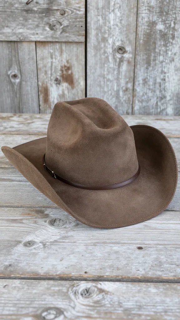 rust suede cowboy hat on weathered barn wood