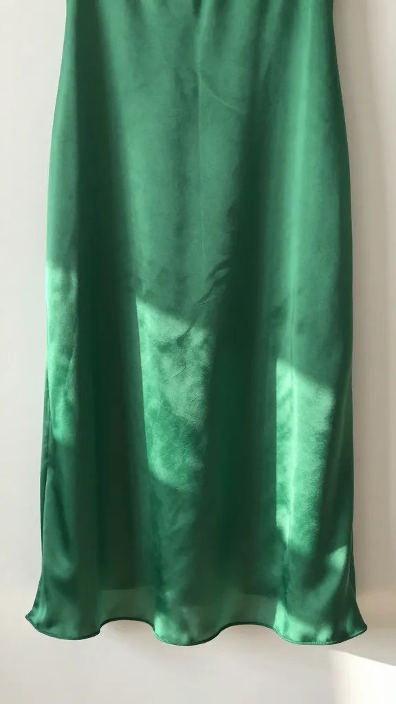 bottle green silk dress hem catching sunlight