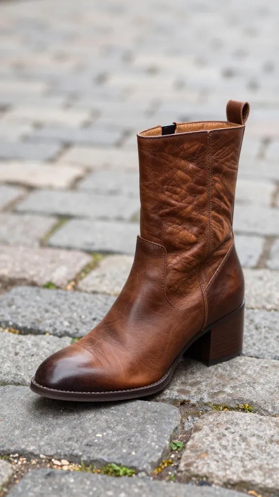 cinnamon leather ankle boot on cobblestone