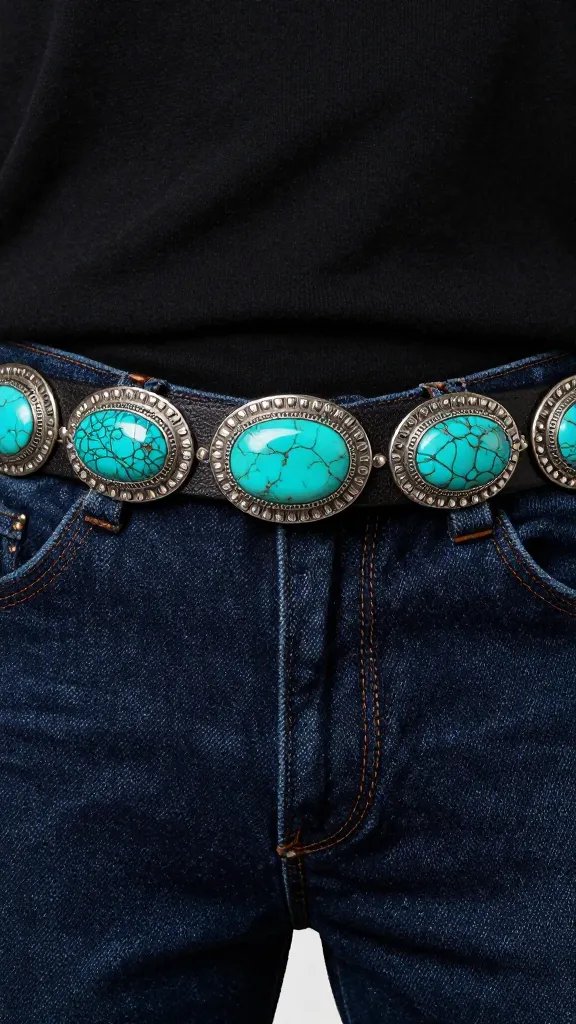 turquoise concho belt on dark denim