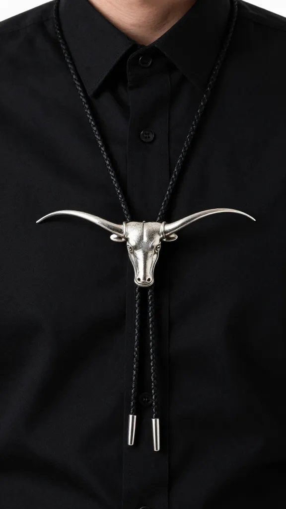 silver longhorn bolo tie on black shirt
