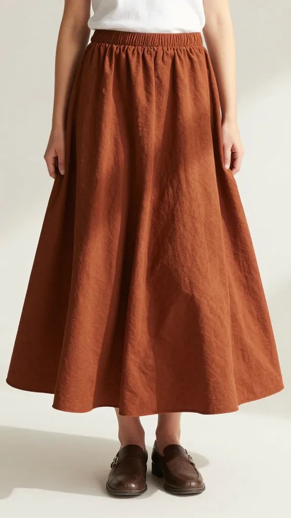 rust midi skirt swaying in midday light