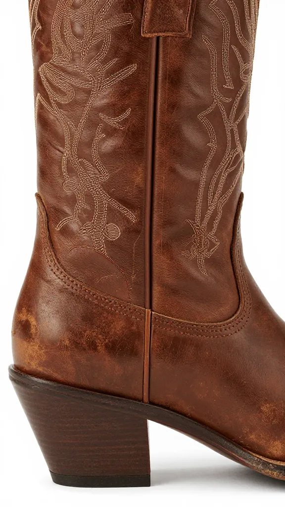 closeup of worn brown cowgirl boot with walking heel