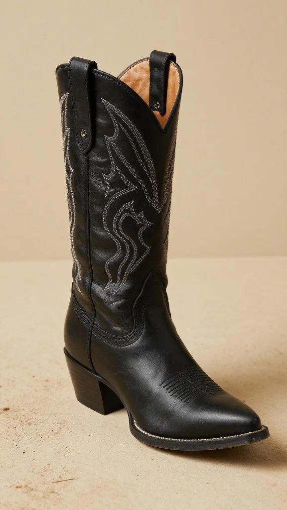 single black snip-toe cowgirl boot on dusty floor