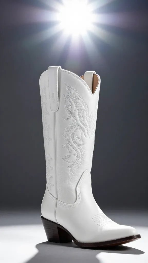 single white cowgirl boot catching stadium spotlight glare