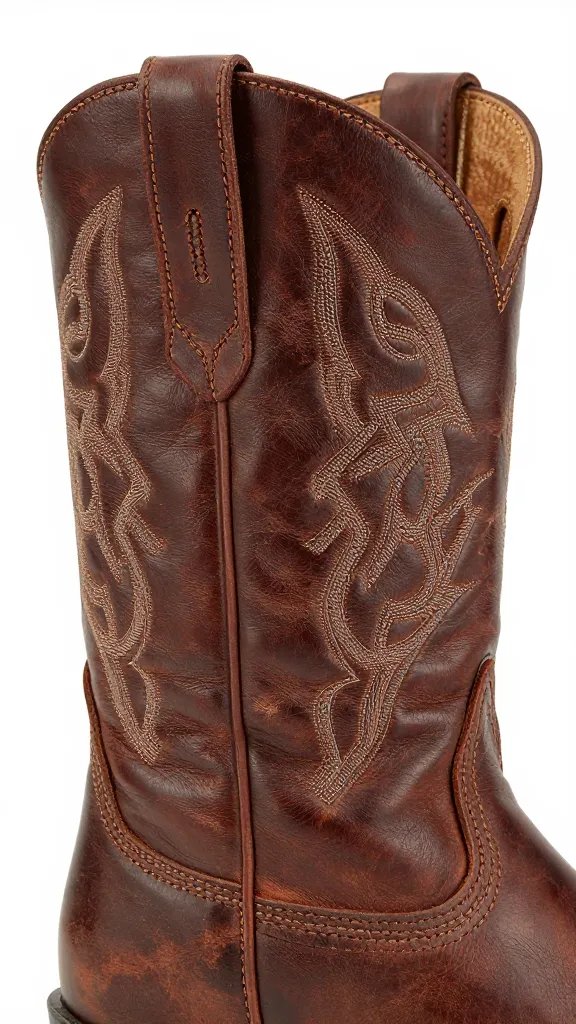 closeup of boot pull tabs on weathered leather cowgirl boot