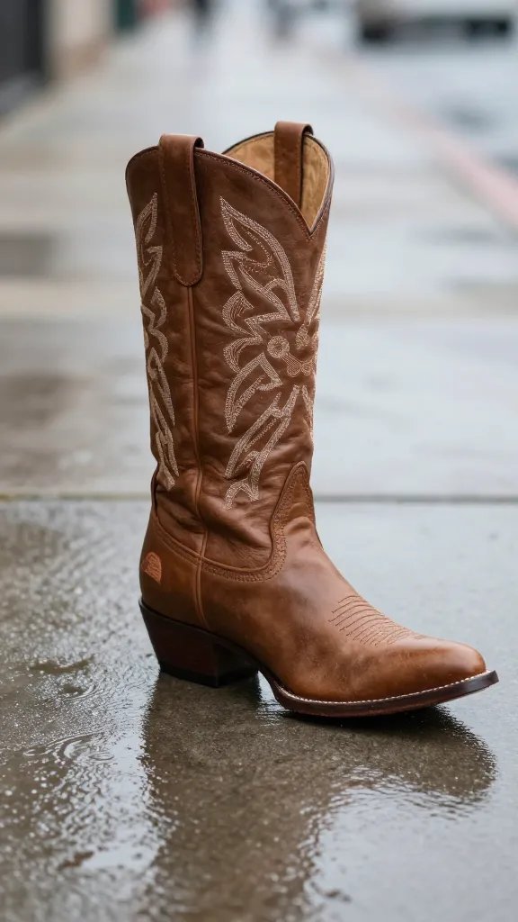 single embroidered cowgirl boot on wet sidewalk reflecting light