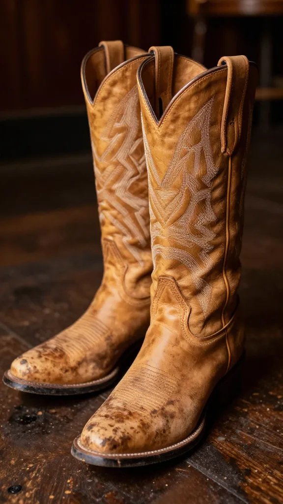 closeup of scuffed tan cowboy boot on wet bar floor