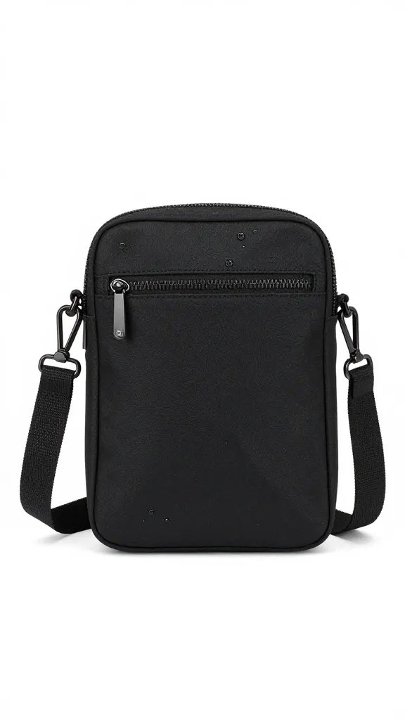 compact black crossbody bag with guitar-strap hardware