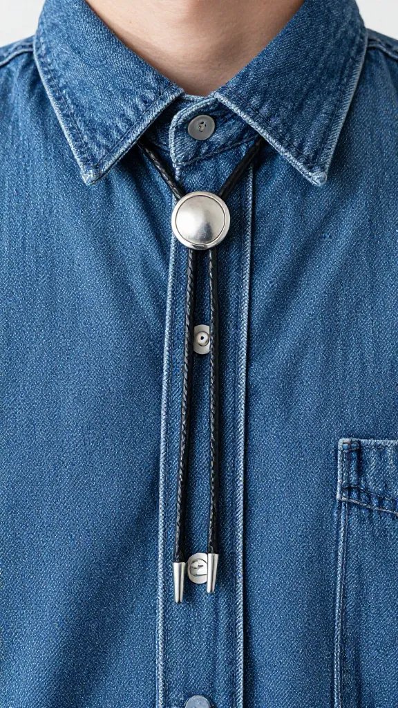 silver bolo tie slide against crisp denim collar