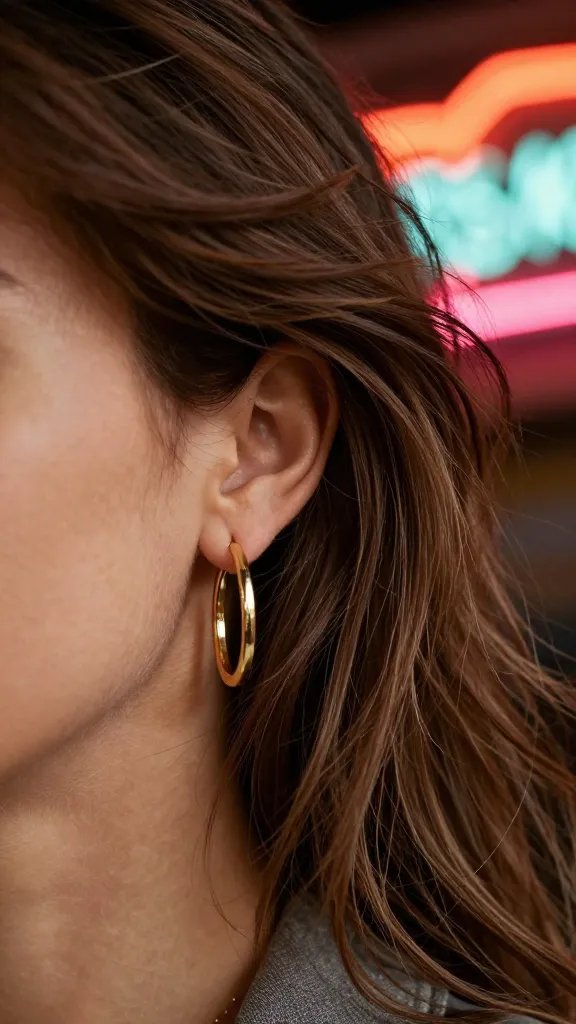 gold hoop earring against tousled hair, honky-tonk neon bokeh