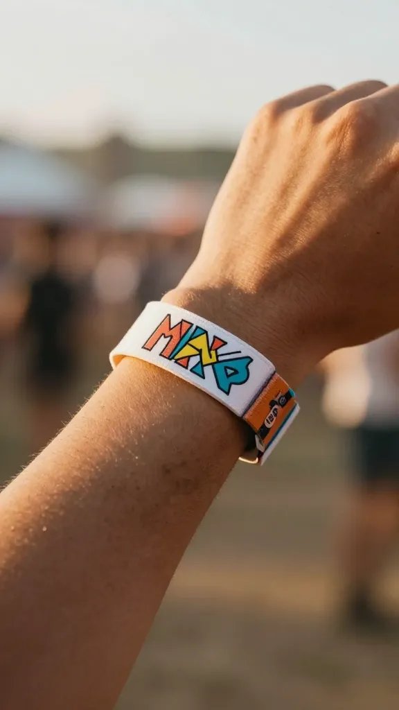 closeup wristband on dusty festival wrist, golden hour