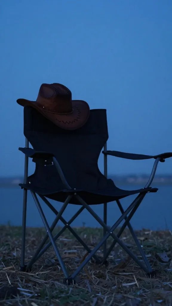single folding camp chair with cowboy hat, blue hour
