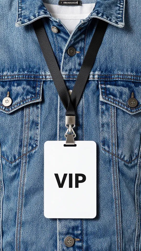 VIP lanyard badge on denim jacket, shallow depth