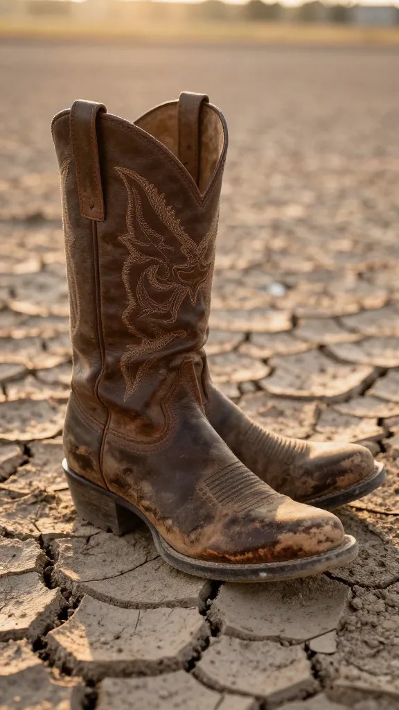 worn cowboy boot on dry cracked ground, sunrise light