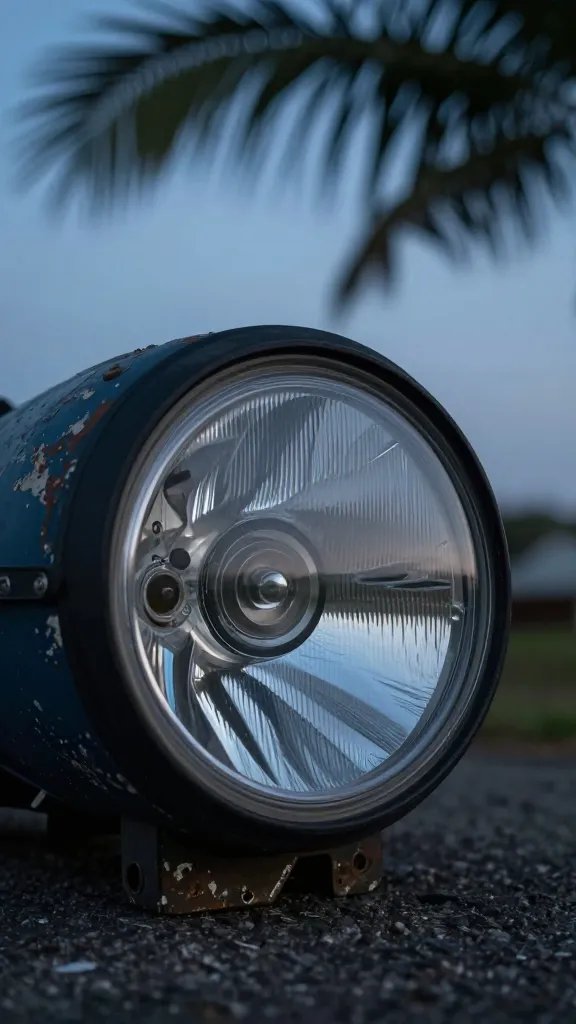 compact headlamp on weathered palm, dusk backdrop