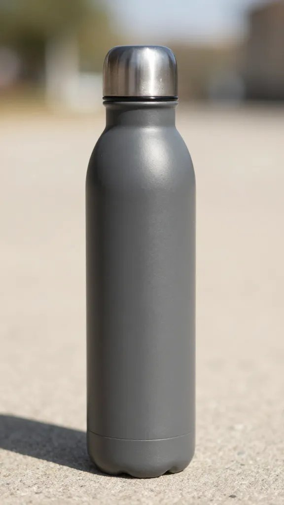 insulated water bottle with dust film, harsh midday sun