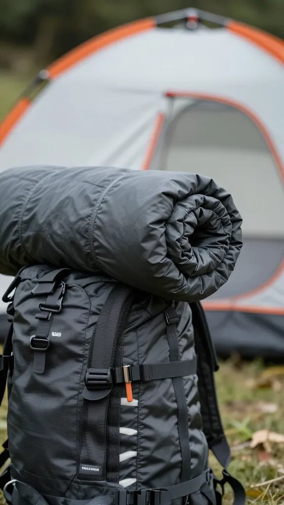 rolled sleeping bag strapped to backpack, tent blur