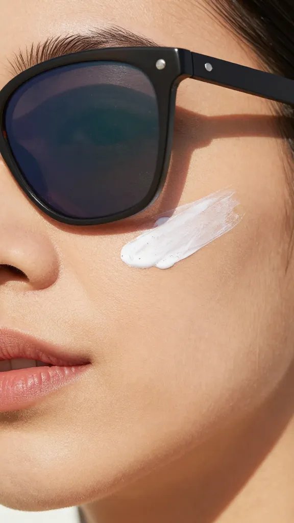sunscreen streak on cheekbone, polarized sunglasses reflection