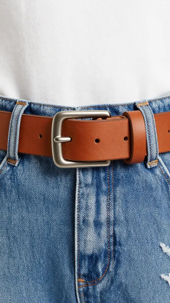 tan leather belt bag on distressed denim waistband, closeup