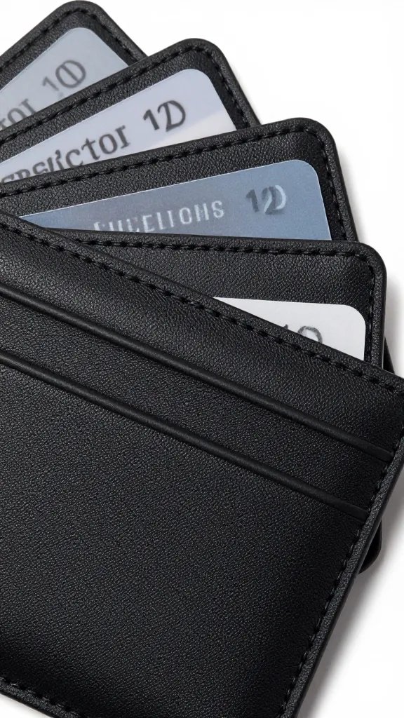 slim black cardholder fanned with ID, macro shot