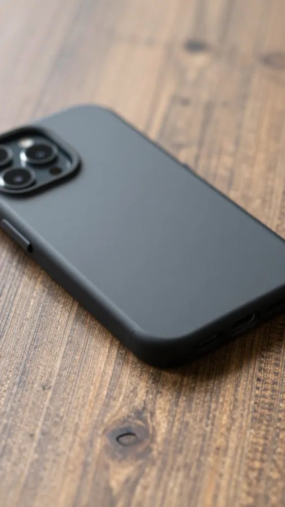 phone in low-profile matte case on rustic wood, closeup