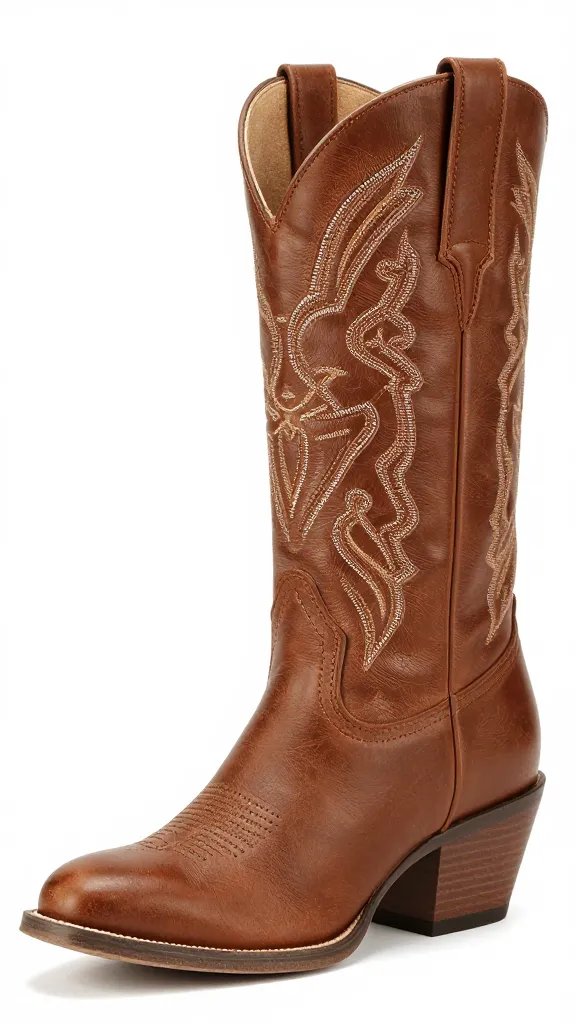 scuffed brown rodeo boot with stacked heel, closeup
