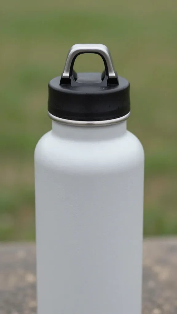 reusable aluminum water bottle with flip-top, closeup