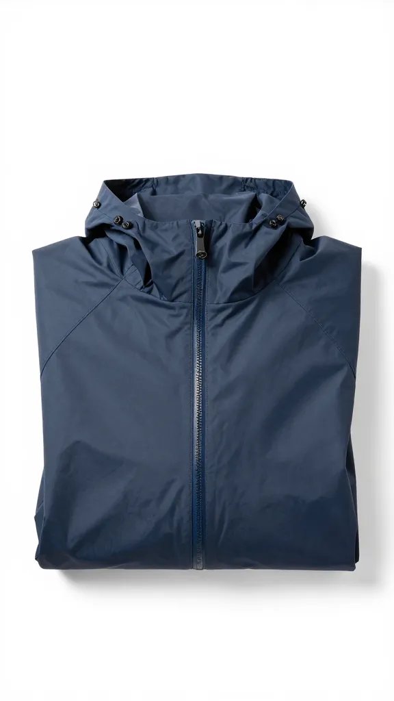 lightweight packable rain jacket folded tight, studio shot