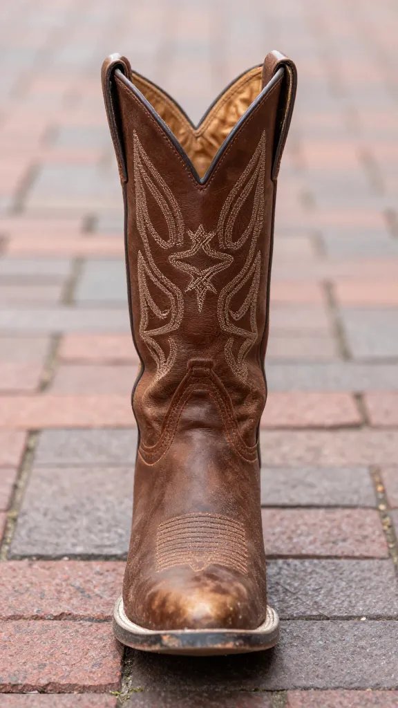 scuffed brown cowboy boot on Stockyards brick street