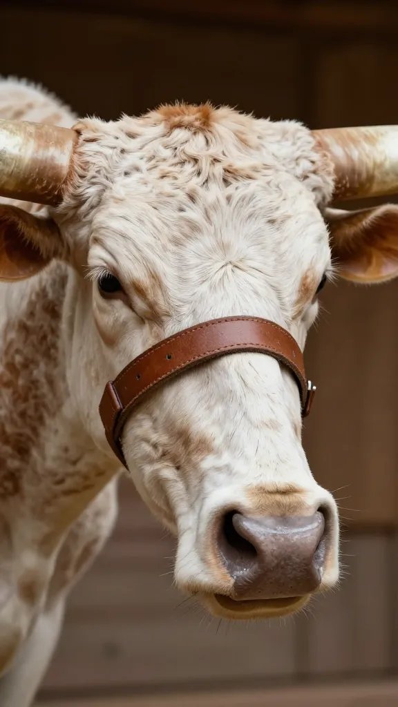 closeup longhorn horn tip with leather noseband