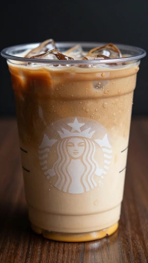 iced latte in branded Stockyards cup, condensation closeup
