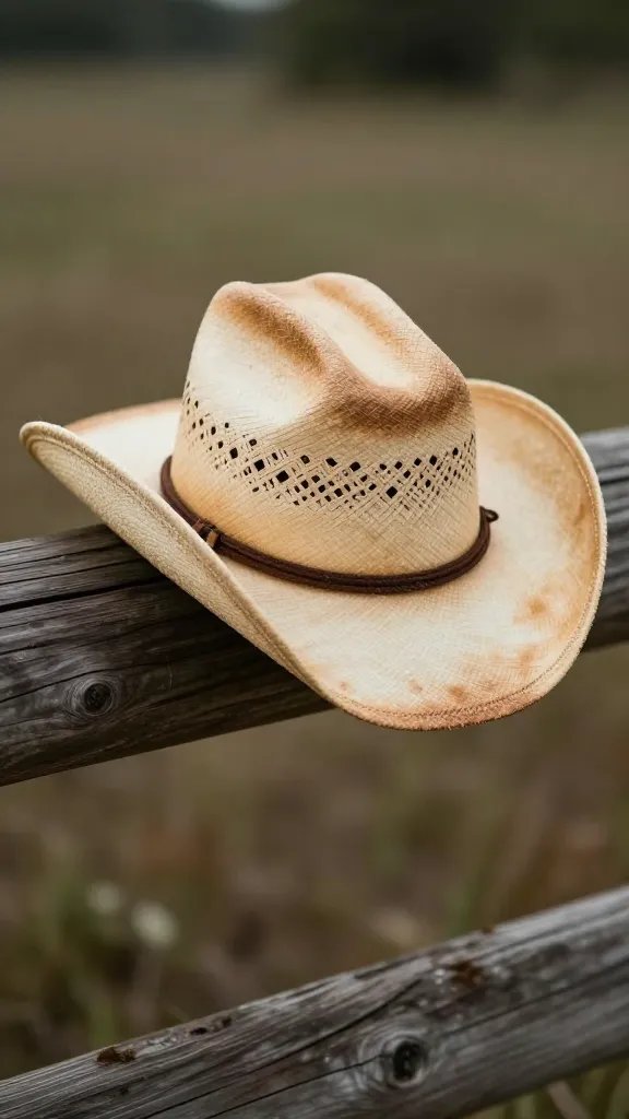 distressed straw cowboy hat on rustic wood rail