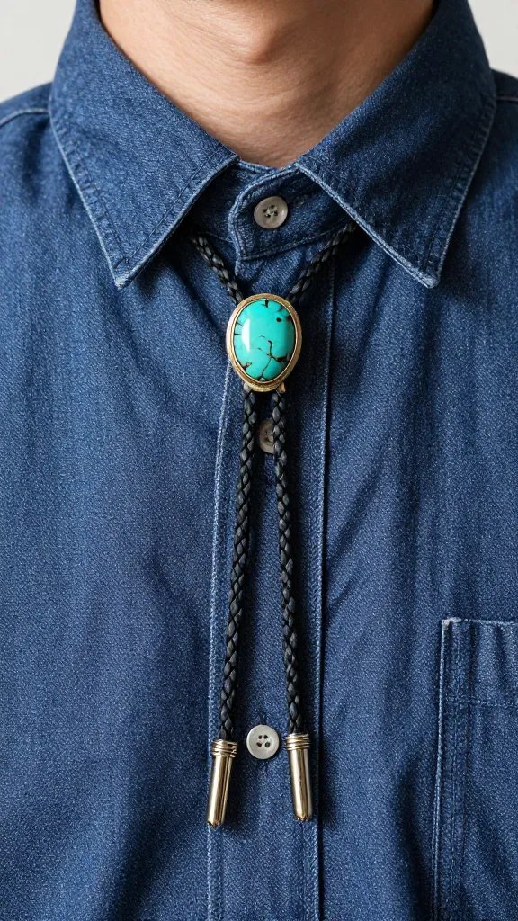 turquoise bolo tie clasp on denim shirt collar