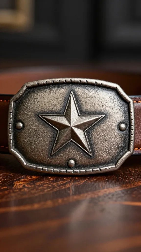 embossed leather belt buckle with Texas star