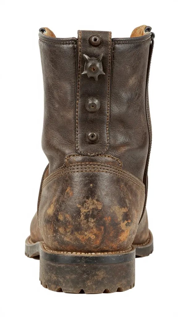 single spur rowel on weathered boot heel