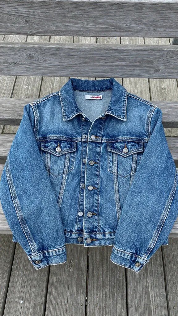 folded lightweight denim jacket on boardwalk bench