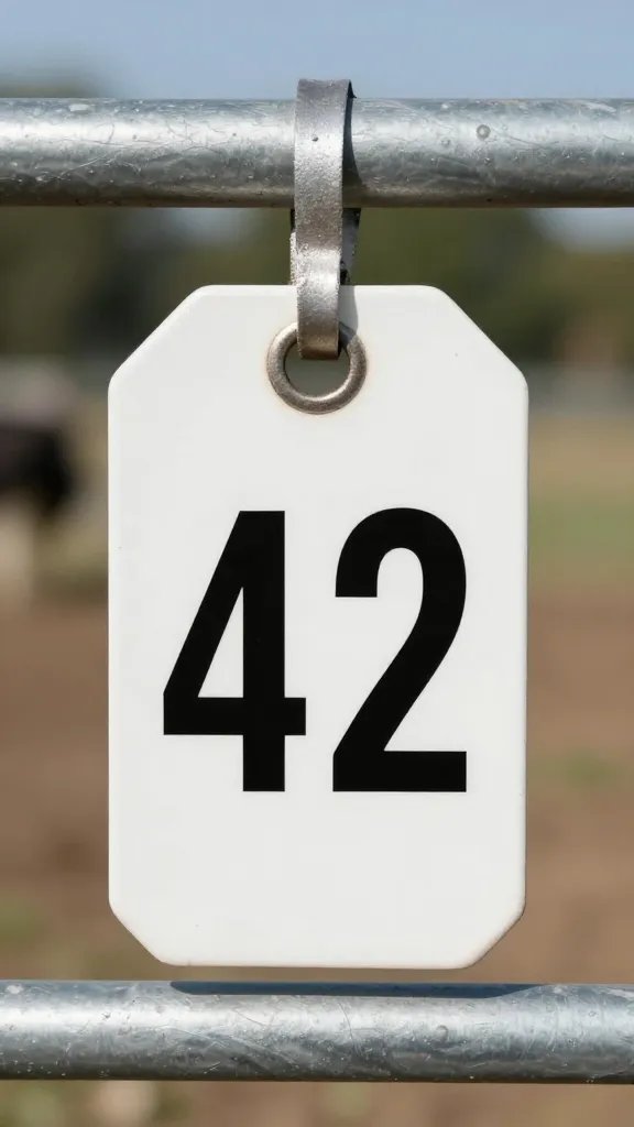 single cattle tag numbered “42” on metal gate