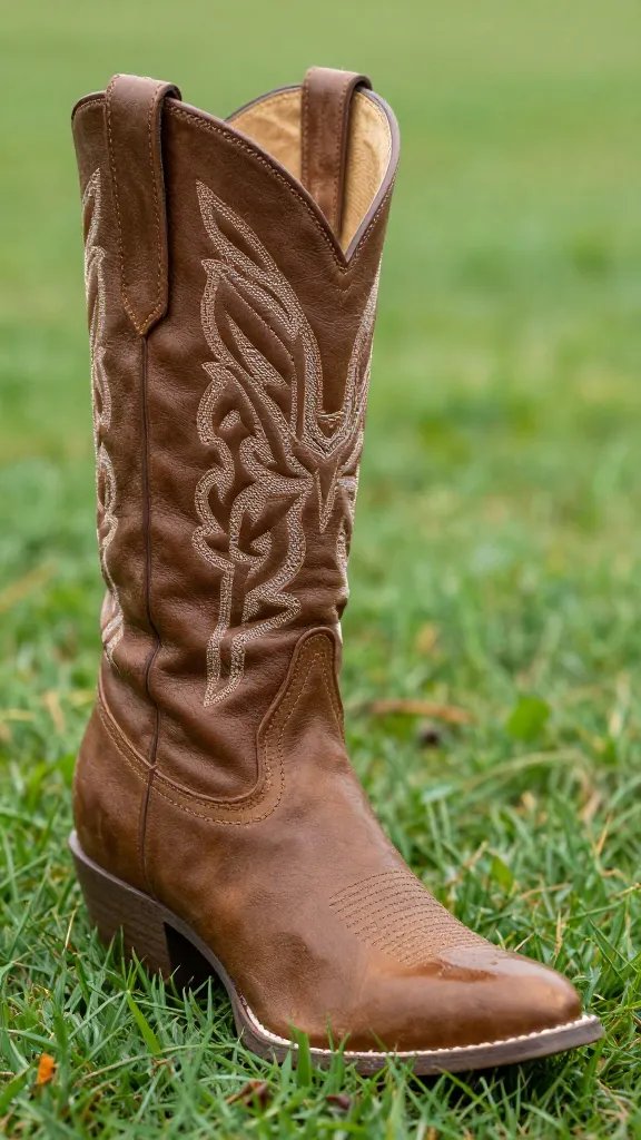 closeup of stacked-heel western boot on wet grass