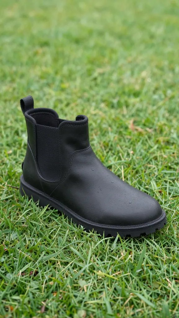 flat ankle boot with tread on dewy lawn