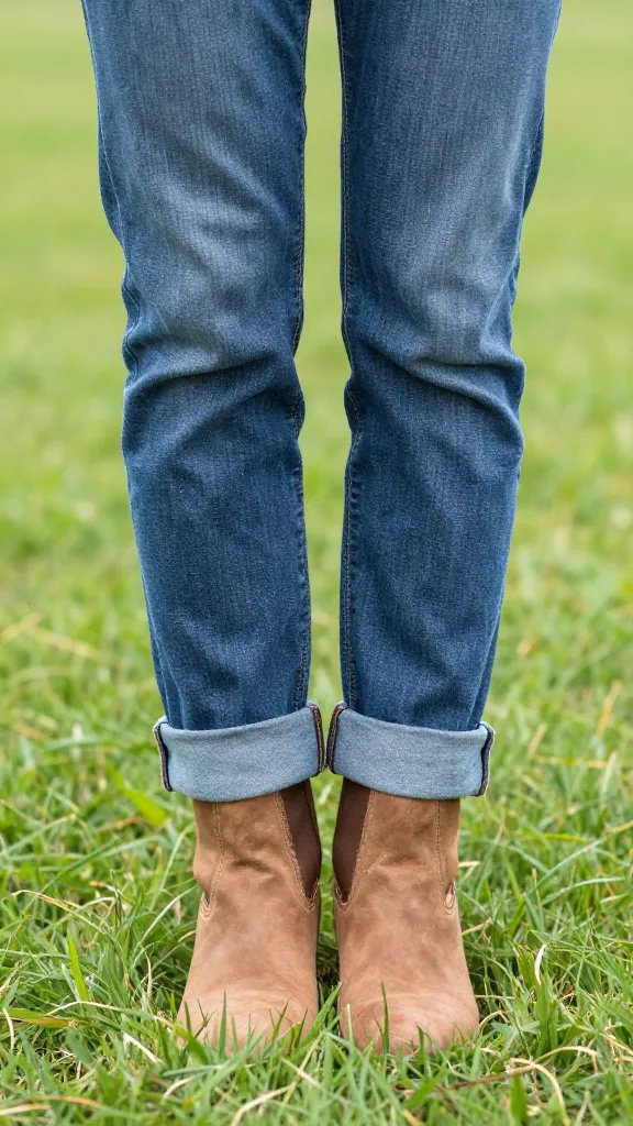 straight-leg jeans cuff grazing boot on grass