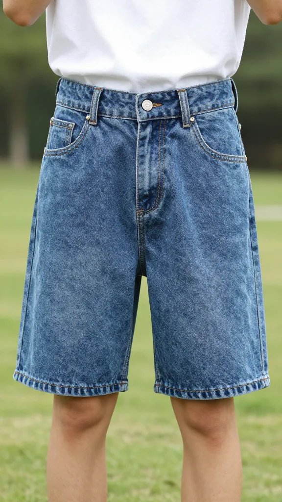 sturdy denim shorts with belt, outdoor lawn backdrop