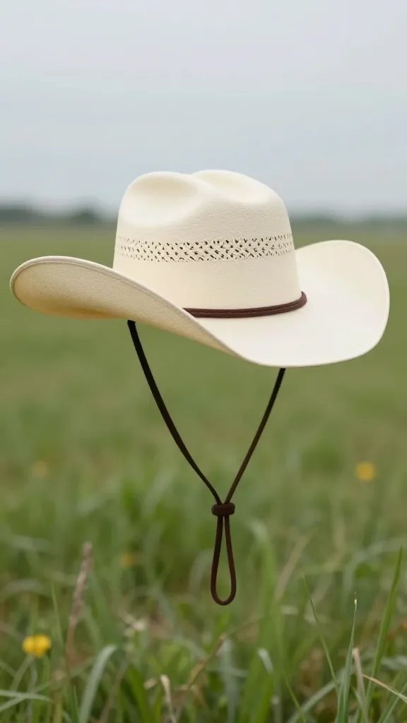 single cowboy hat with chin strap, grassy field
