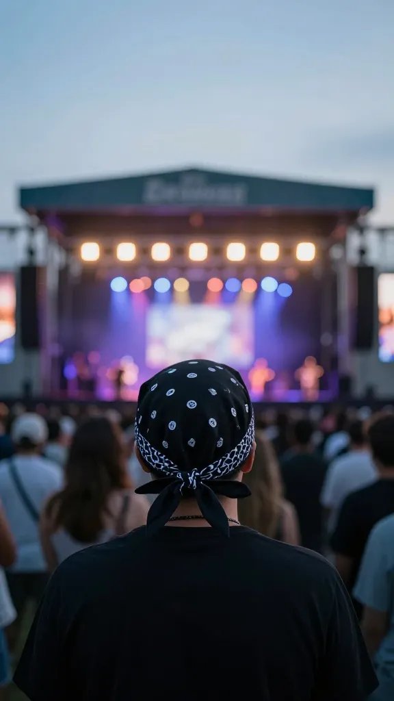 bandana tied at neck, dusk outdoor stage bokeh