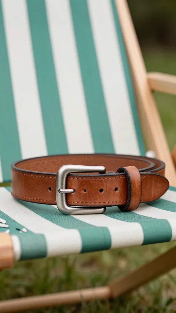 leather belt with western buckle, lawn chair blur