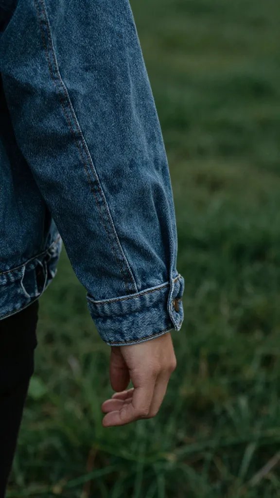 lightweight denim jacket cuff, cool night lawn backdrop