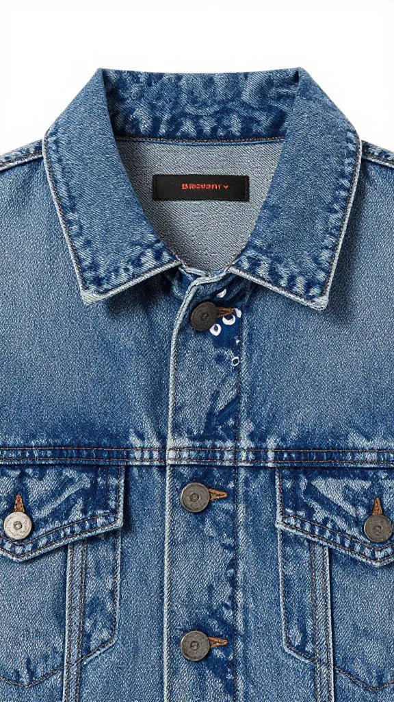 closeup mid-wash denim trucker jacket collar with bandana