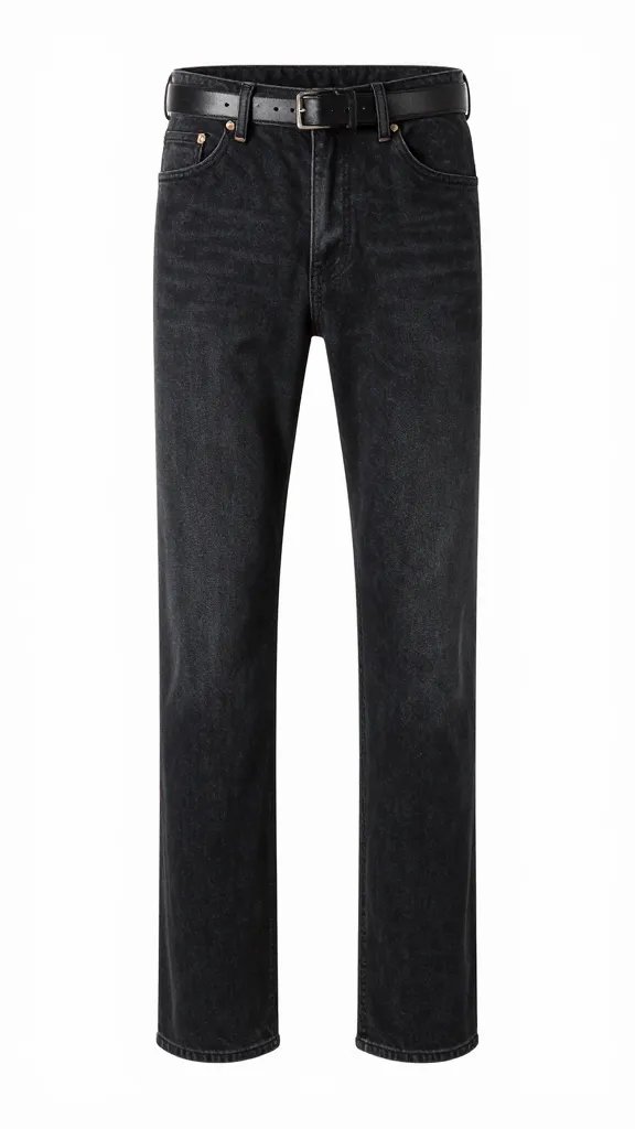 dark straight-leg rigid jeans waistband with simple leather belt